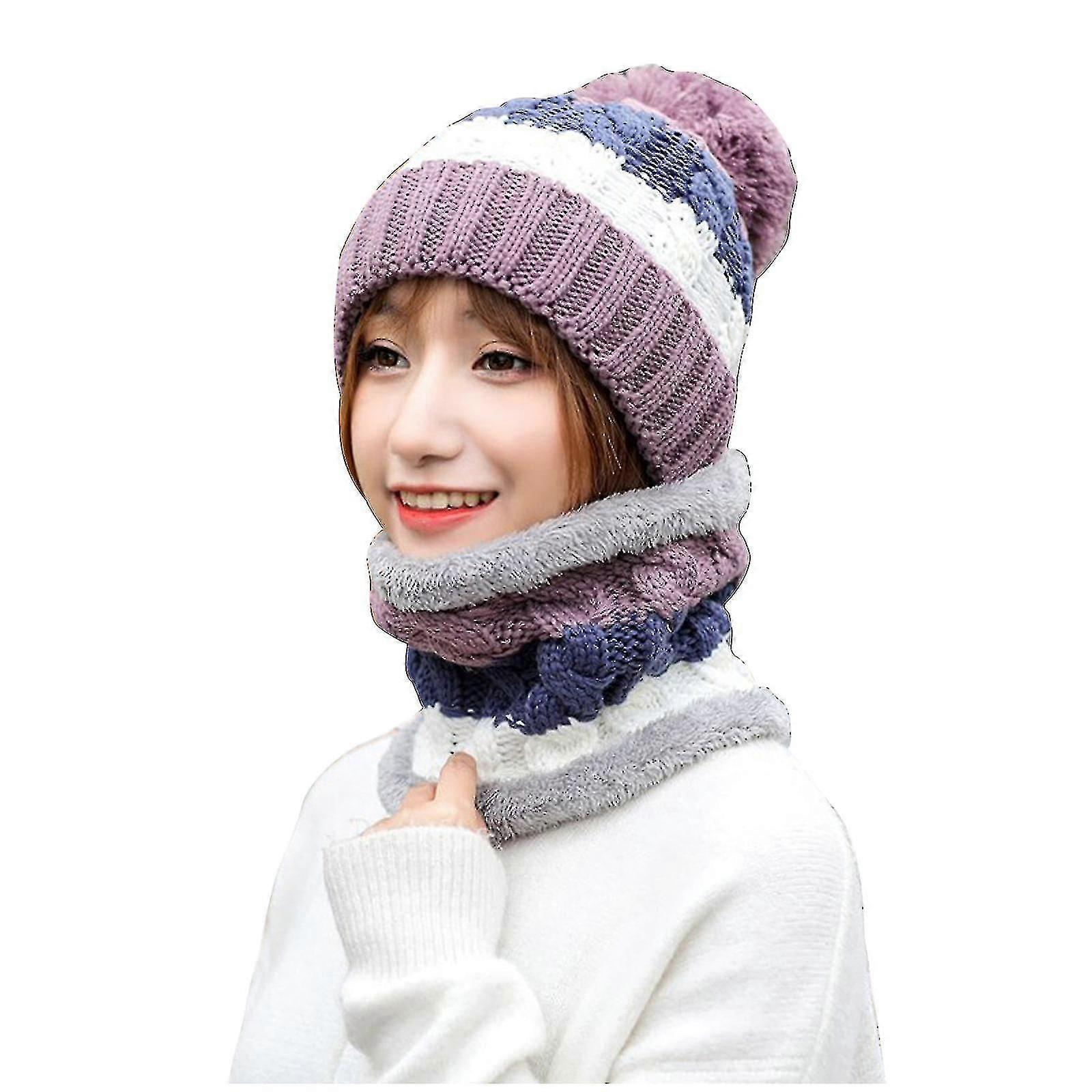 Women's Winter Thicker Knitted Warm Cap Ruff Hat Two-piece Set