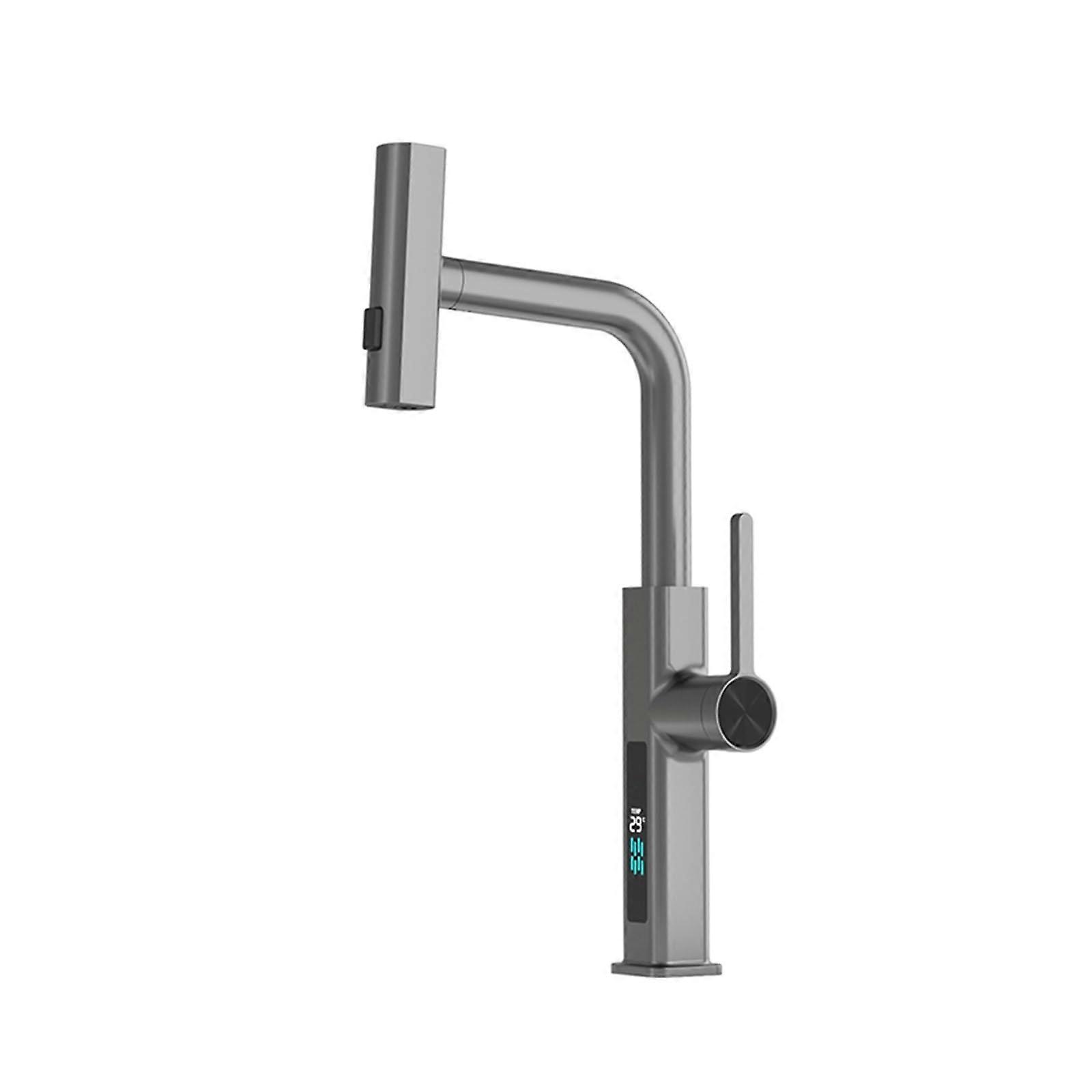 Digital Display Waterfall Kitchen Faucet Pull Out Sprayer Hot and Cold Mixer Sink Fixture Metal Grey 60cm Hose