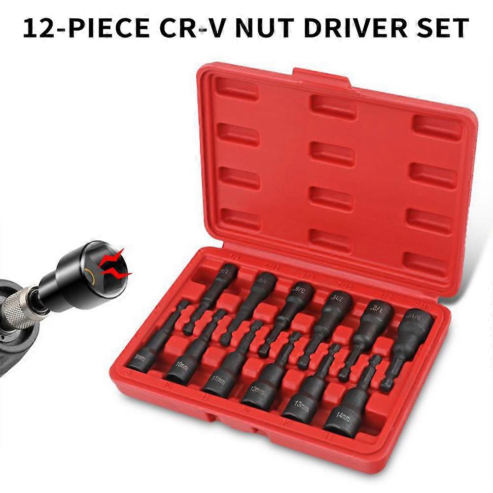 Magnetic nut driver set 12-Pack for power tools, chrome-vanadium steel hex bits with SAE & metric sizes