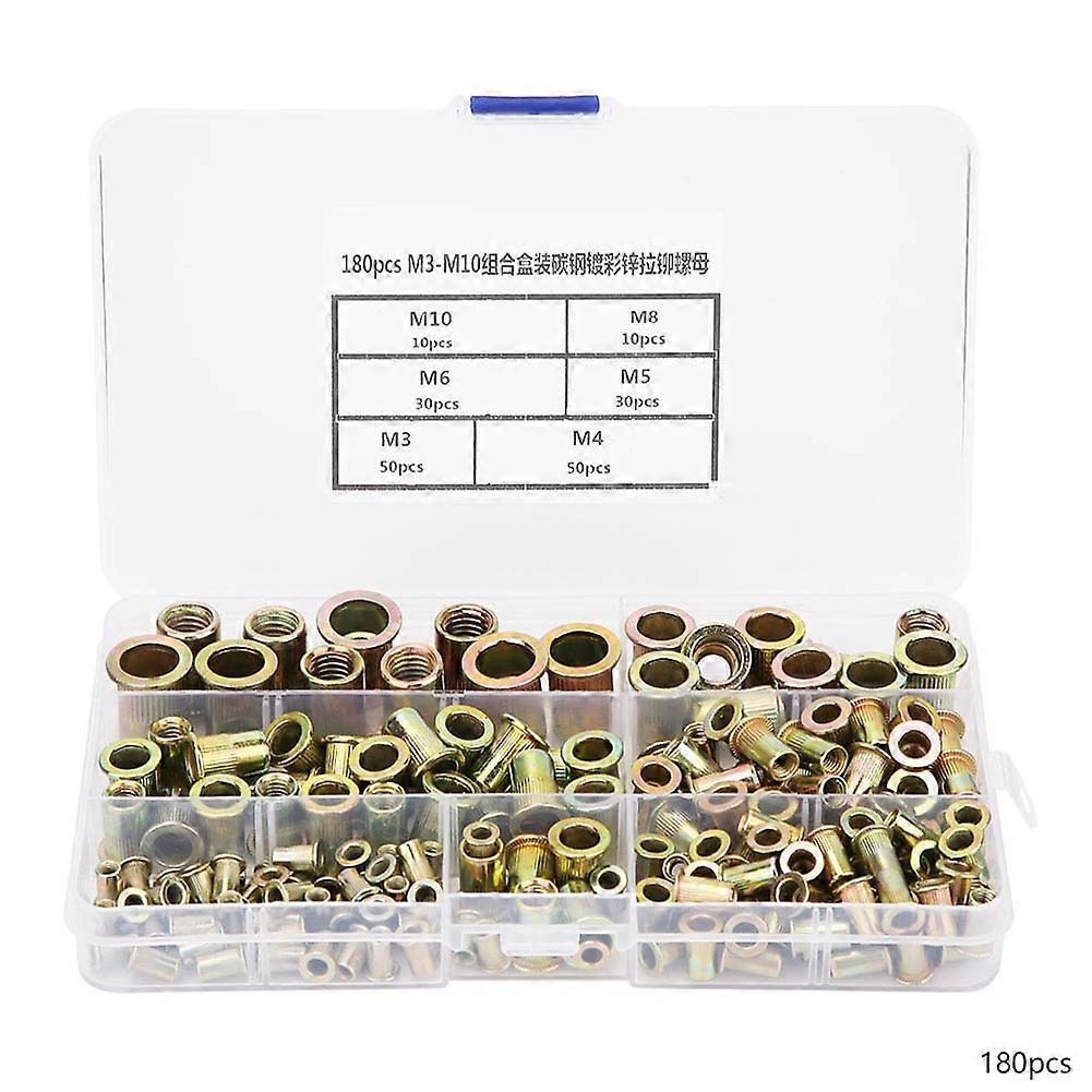 180pcs M3-M10 Rivet Nut Kit Zinc Plated Carbon Steel Flat Head Threaded insert Rivet Nutsert