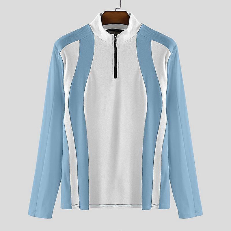 INCERUN Men Mockneck Long Sleeve Patchwork Zipper Casual Fitted Pullover Tops