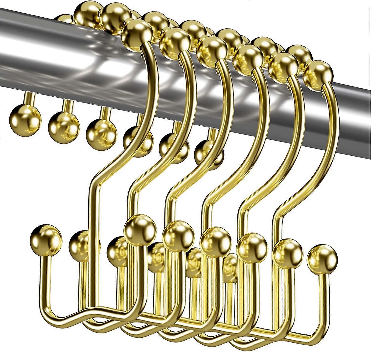 Gold Rust Proof Double Glide Shower Curtain Hooks Set of 12 with Smooth Rollers for Bathroom