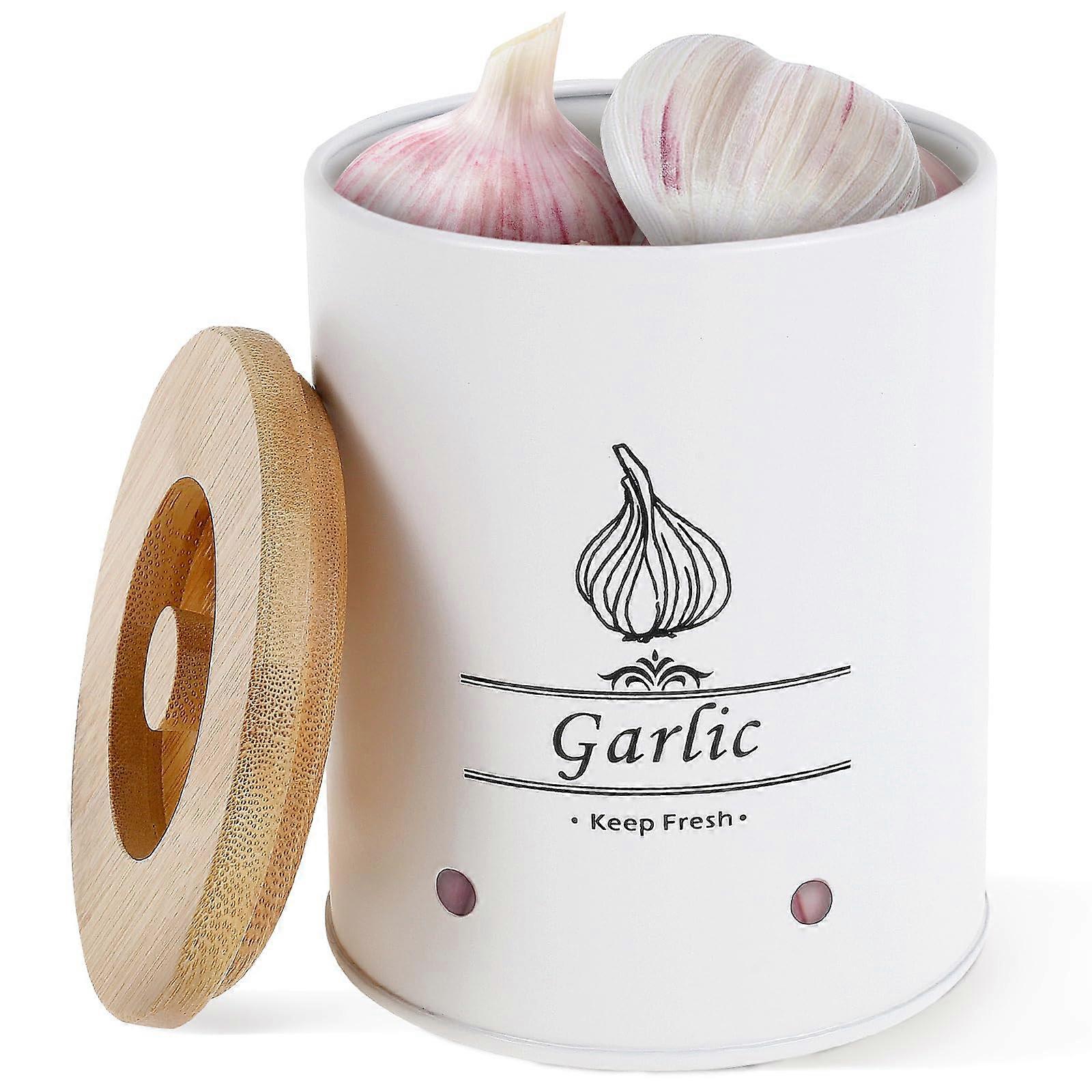 Garlic Keeper with Bamboo Lid, Farmhouse Garlic Storage Container with Vent Holes, White