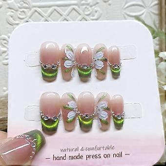 Green French Tip Press on Nails Medium Coffin Fake Nails 3D Pearl Rhinestones Acrylic Nails with Flower Designs Spring Stick on Nails Glossy Artifici