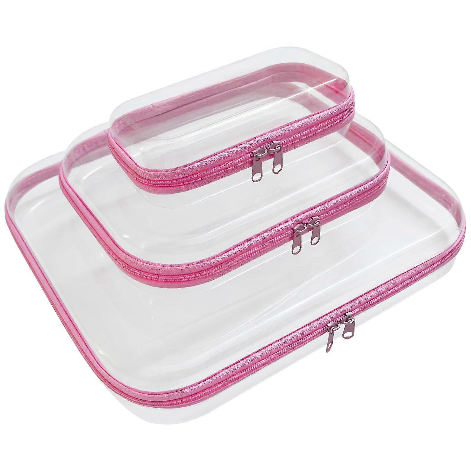 Clear Travel Organizer Set, Hard Shell Makeup Bag with Reinforced Zipper, Transparent Toiletry Case, Pink Multi
