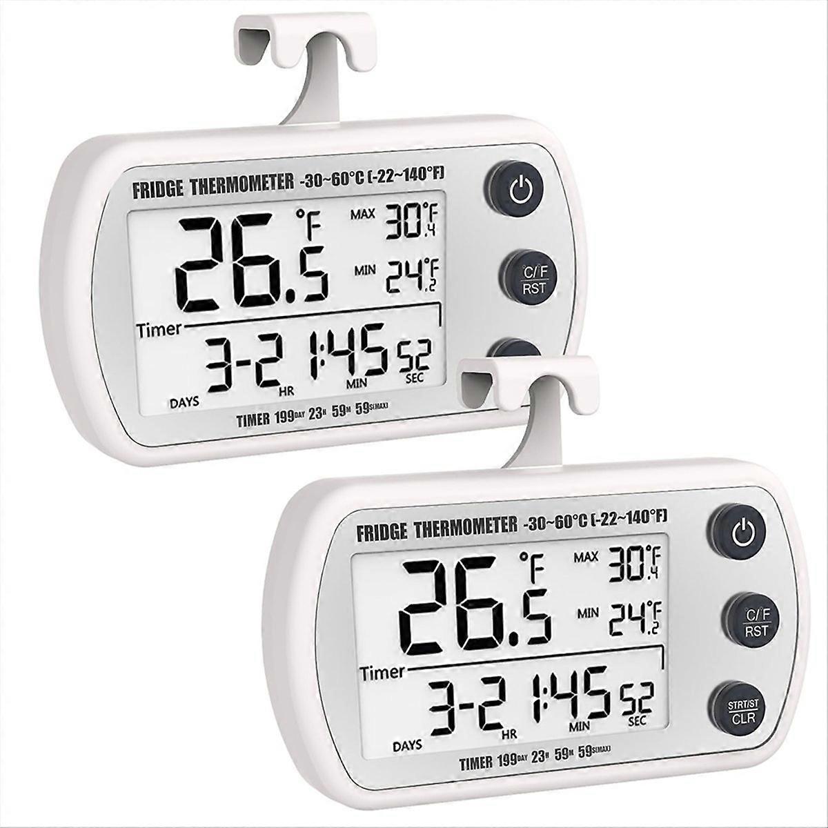 Digital Refrigerator Thermometer 2 Pack,Waterproof Fridge Thermometer, Max/Min Record Function,Timer Function White