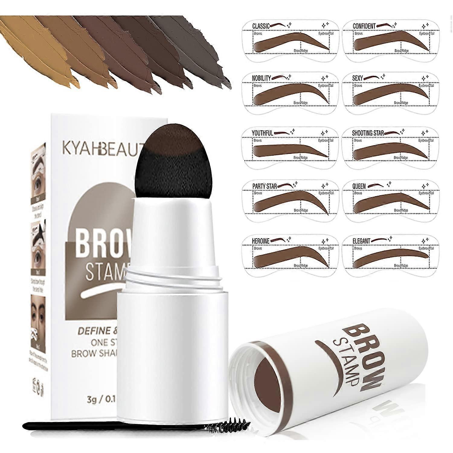 Eyebrow Stamp Kit with 10 Stencils and Brushes, Waterproof LongLasting Pomade, Medium Brown