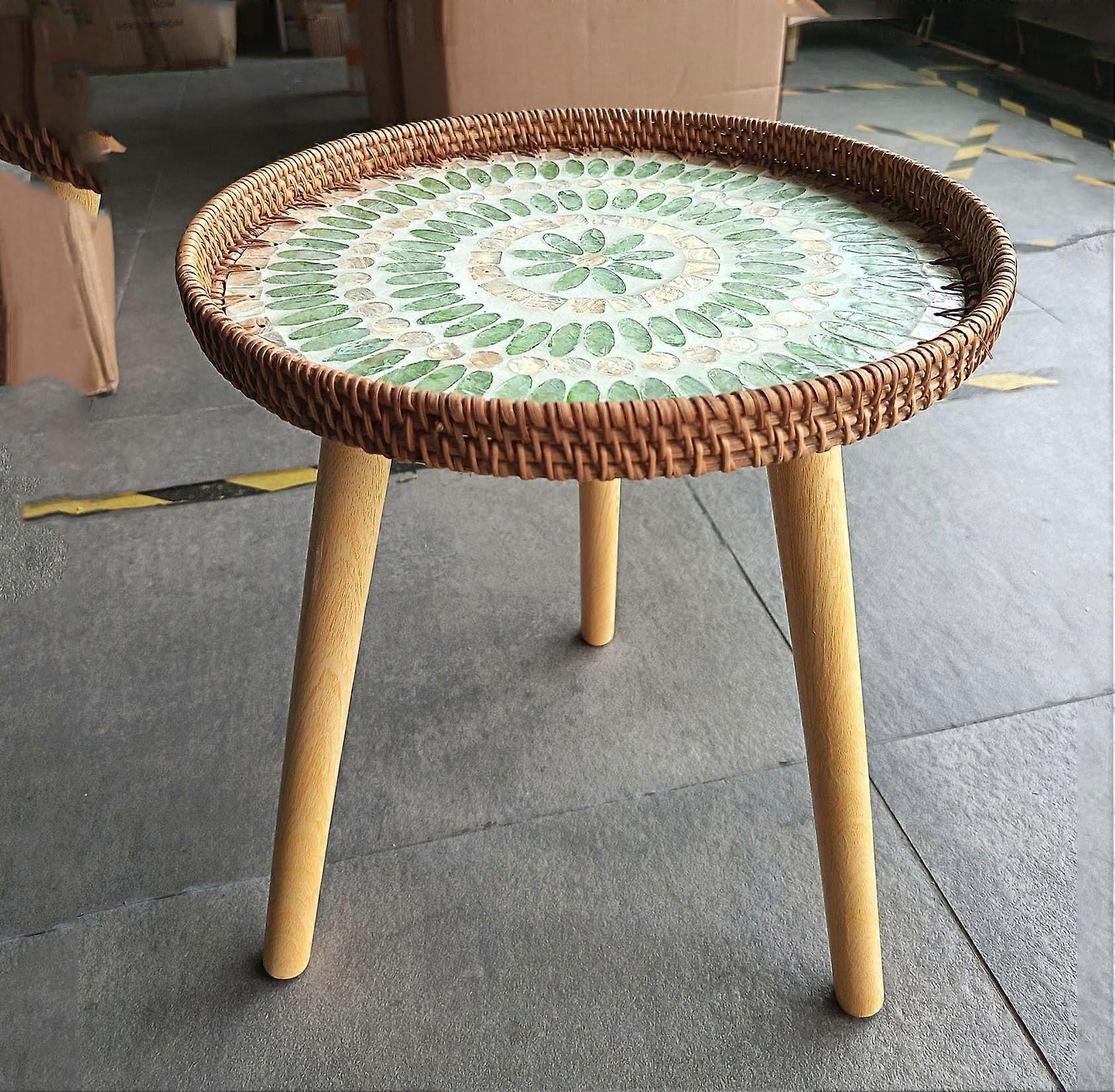 Round Rattan Side Table with Triangular Legs, Boho Coffee Table for Living Room, Green Tray