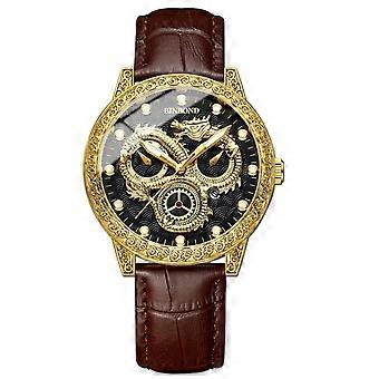 Waterdicht quartzhorloge met reliëf van een draak, lichtgevend, kleur: bruin leer - volledig goudkleurig - zwart