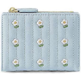 Mädchen süße Blumen Print Brieftasche, kleine dreifach gefaltete ästhetische Brieftasche, PU Leder Geldbörse Geldtasche Kartenhalter ID Fenster Geldbörse für Frauen (blau)
