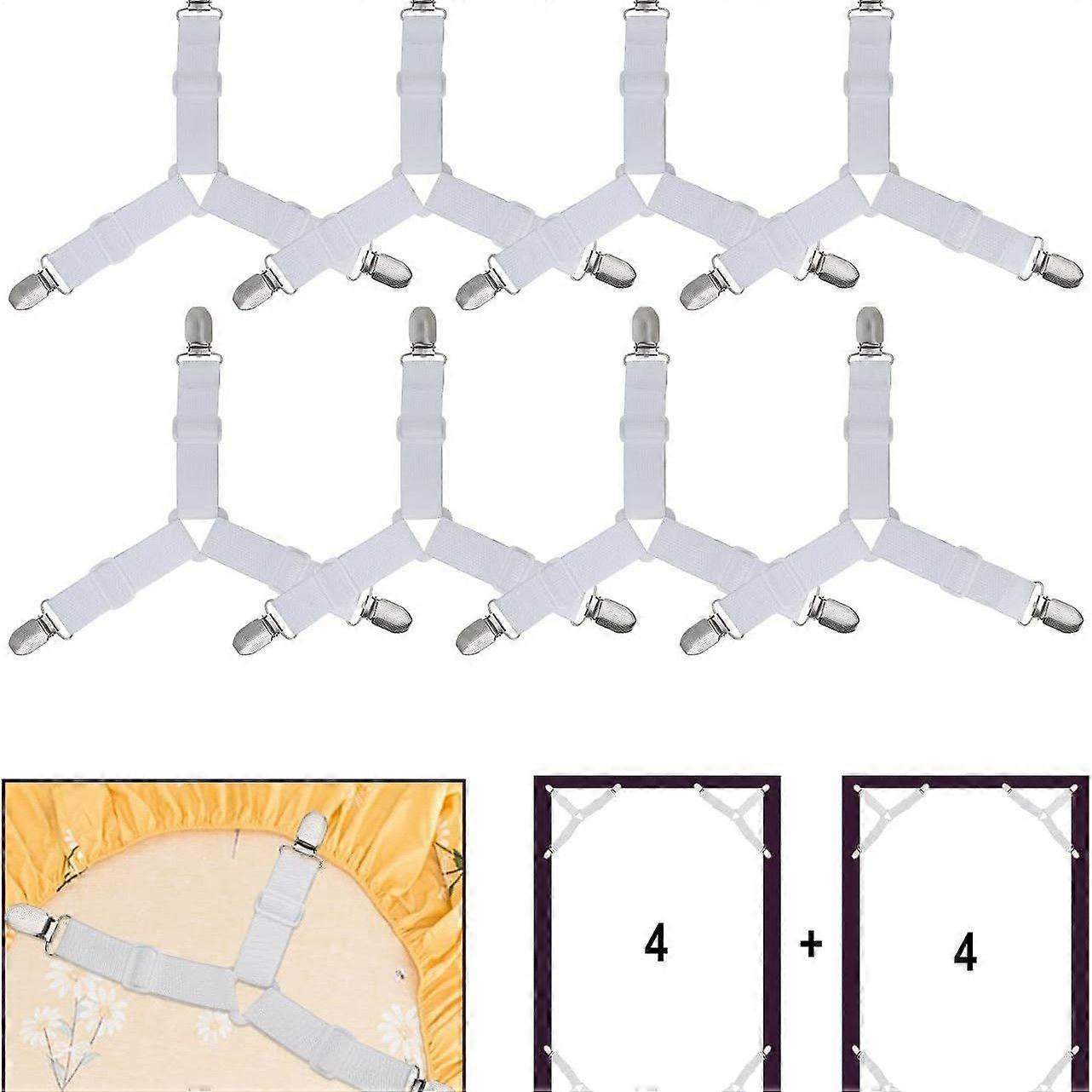 Pack Sheet Clips, Adjustable Triangular Elastics for Fitted Sheets and Flat Sheets, Mattress Protectors - White