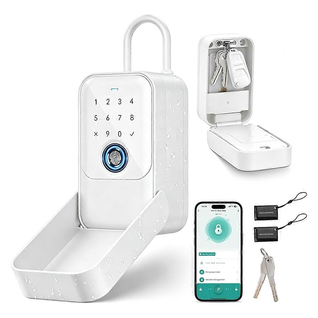 Smart Key Lock Box, Bluetooth Lock Box with Fingerprint & Passcode & Access Card & Key & APP Control, White