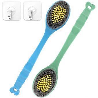 Exfoliating Shower Brush Set - Long Handle Curved Back Body Scrubber with Soft Nylon Bristles, Non-Slip Massage Tool, Includes 2 Waterproof Hooks