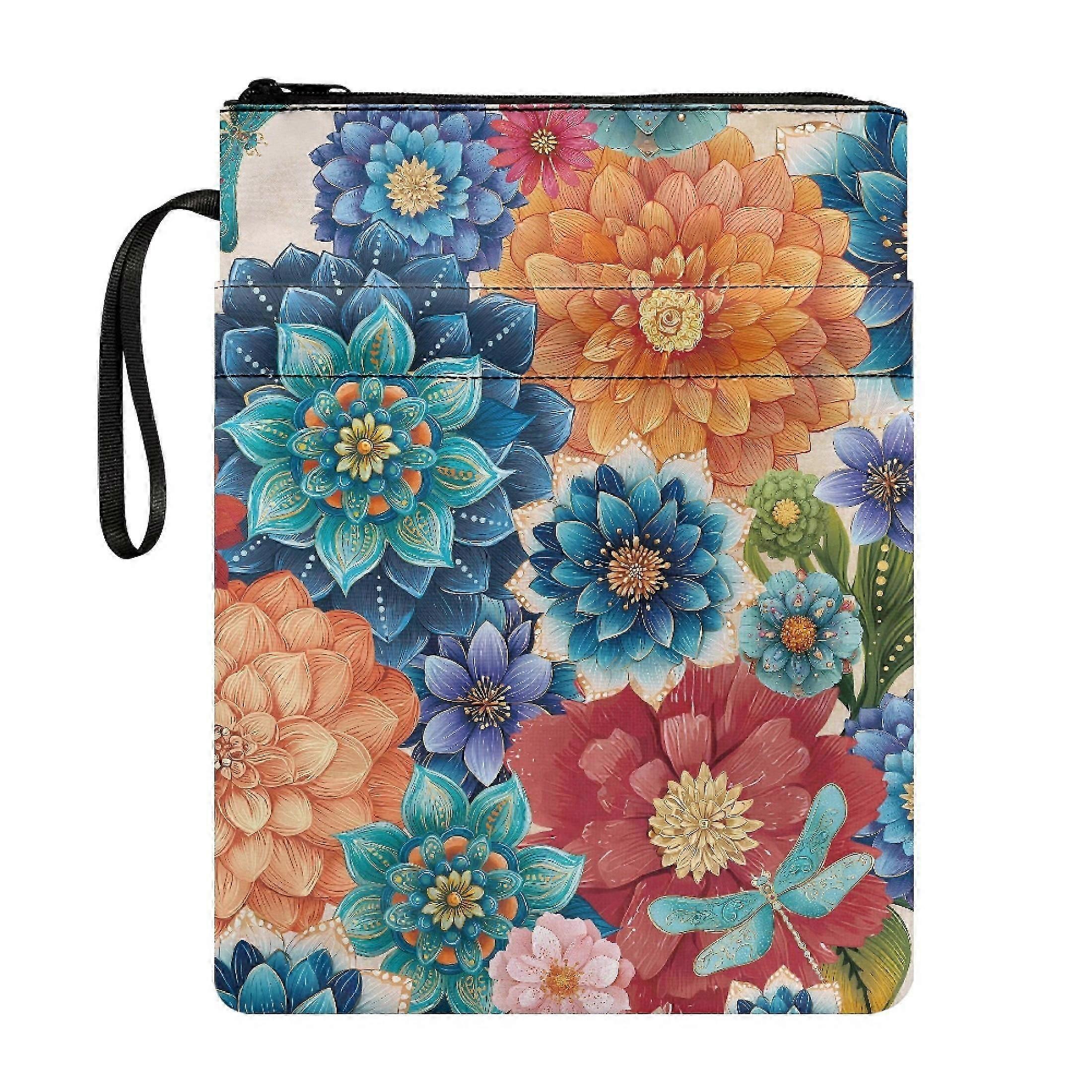 Flowers Pattern Zipper Book Storage Bag, Lightweight Polyester Book Protector with Handle