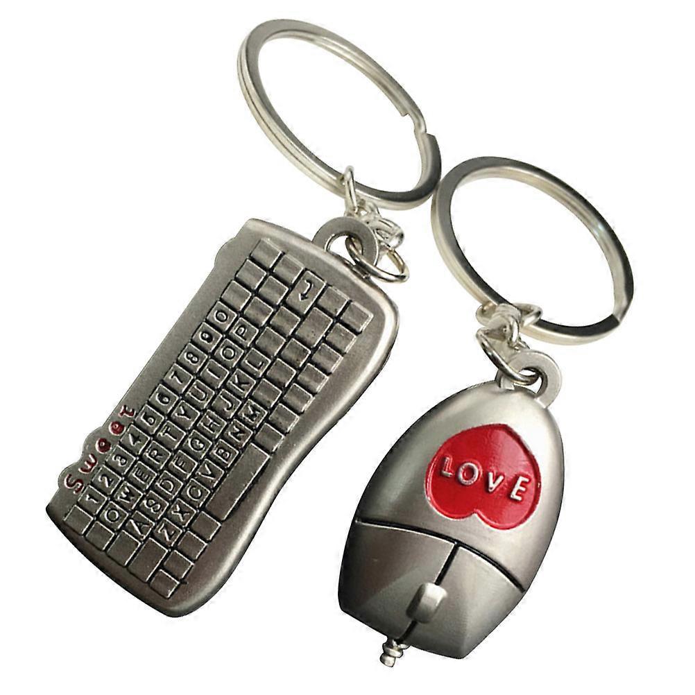 Mouse Keyboard Keychain for Couples Lovable Key Ring 2 Pieces Silver