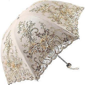 Vintage Lace Folding Umbrella, 3D Flower Embroidery, UV Sun Protection, Double Layer for Events