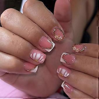 Uñas postizas cortas cuadradas con punta francesa rosa y borde dorado, 24 piezas.