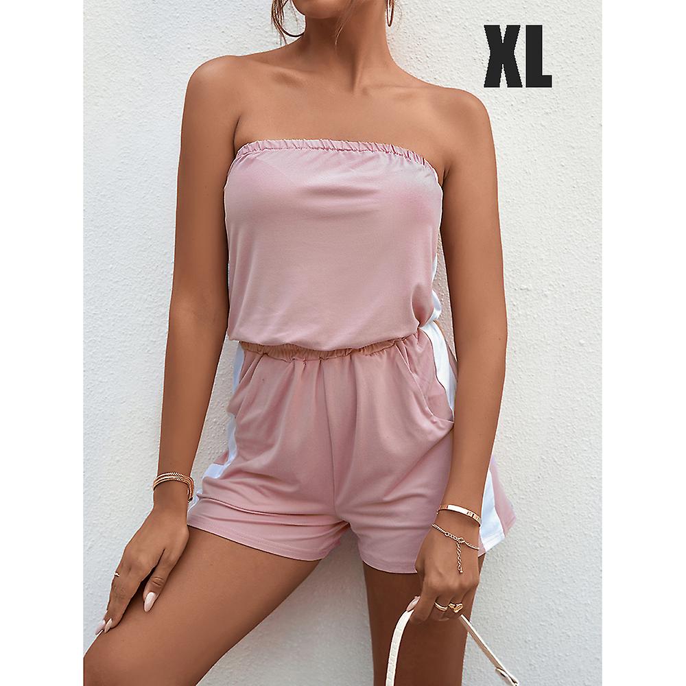 Women's Summer Strapless Skintight Jumpsuit Solid Color Tops Sleeveless Rompers With Pockets