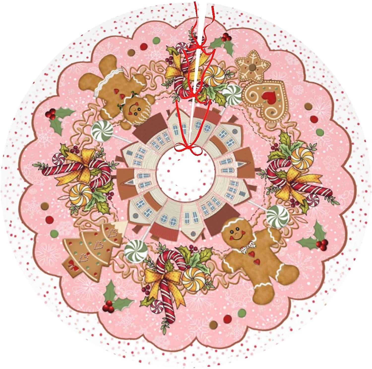 Cute Pink Gingerbread Candy 48'' Christmas Tree Skirt Large Tree Mat Base Cover