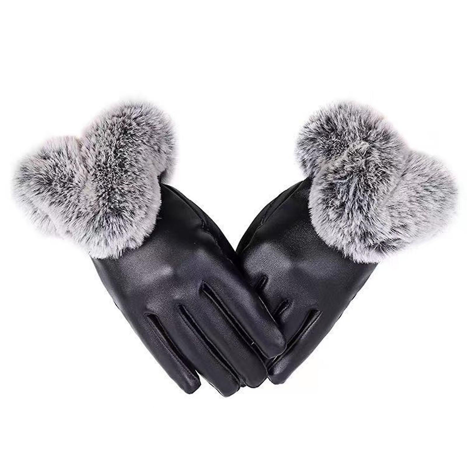 Elegant Rabbits Fur PU Gloves for Women Soft Breathable Riding Gloves for Outdoor Activities