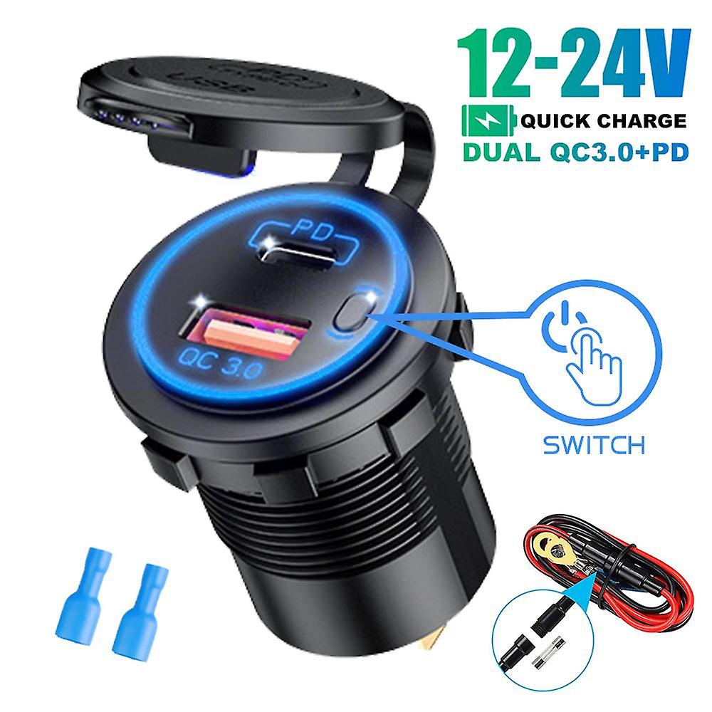 USB Type C Dual Port Auto Motorfiets Boot Oplader Socket QC 3.0 PD Snel opladen Auto Power Adapter met AAN/Uit Schakelaar 12-24V Universeel Blauw Licht