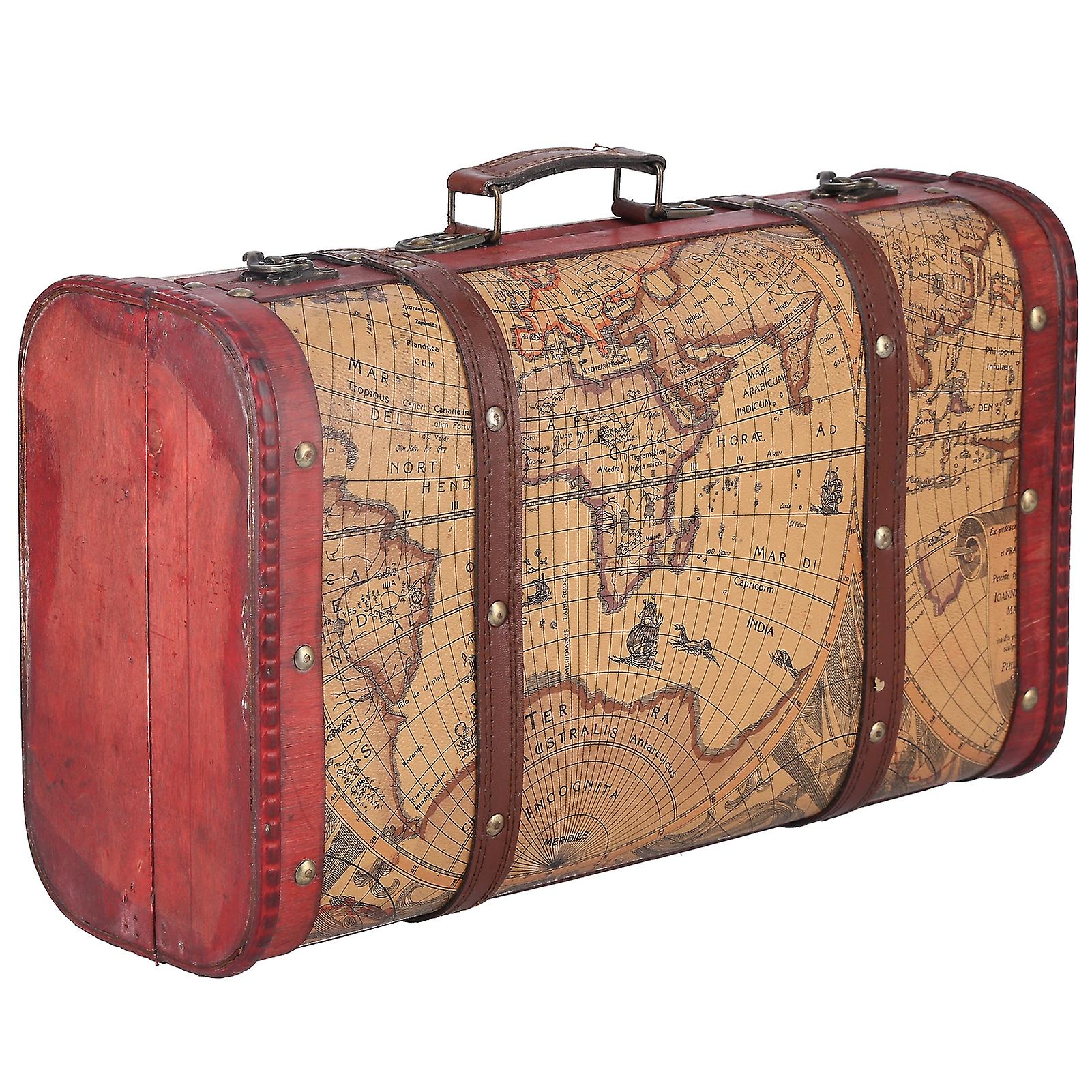 Vintage Suitcase Portable Composite Wood Map Pattern Design Vintage Storage Chest