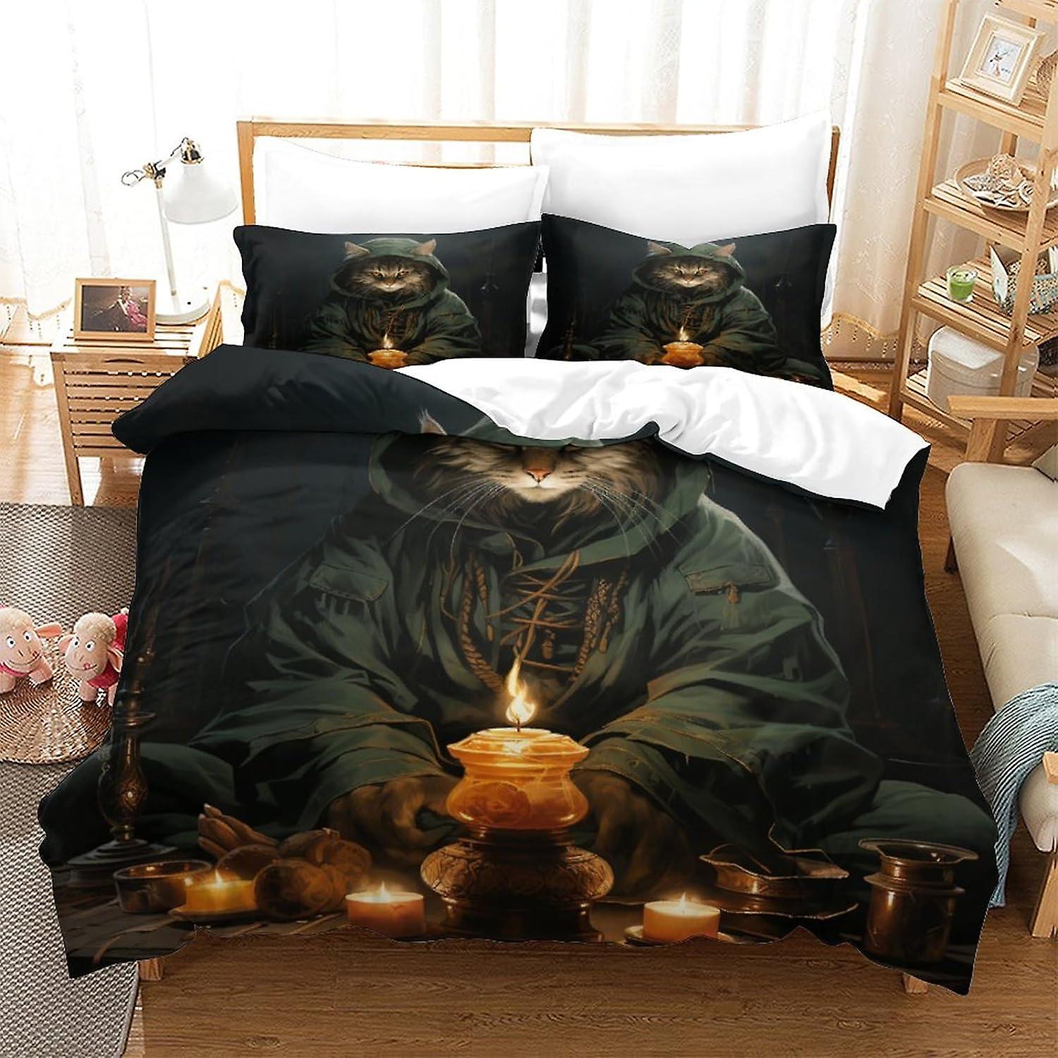 HOUKIG 3-teiliges Katzenfee-Bettdecken-Set 3D-mysteriöses bedrucktes Bettdecken-Set mit Reißverschluss für Mädchen, superweiche Mikrofaser-Bettwäsche