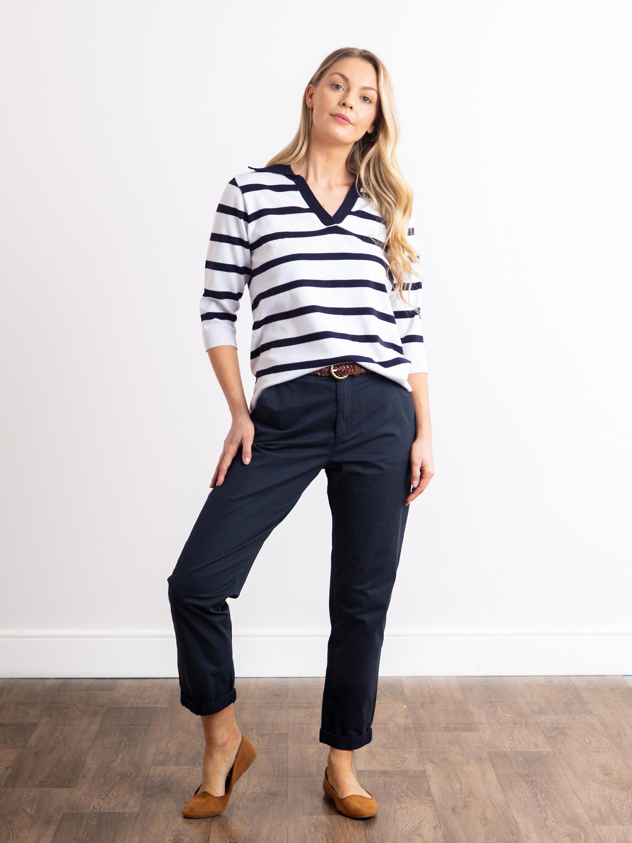 Mae Knitted Collared Jumper in White with Navy Stripes
