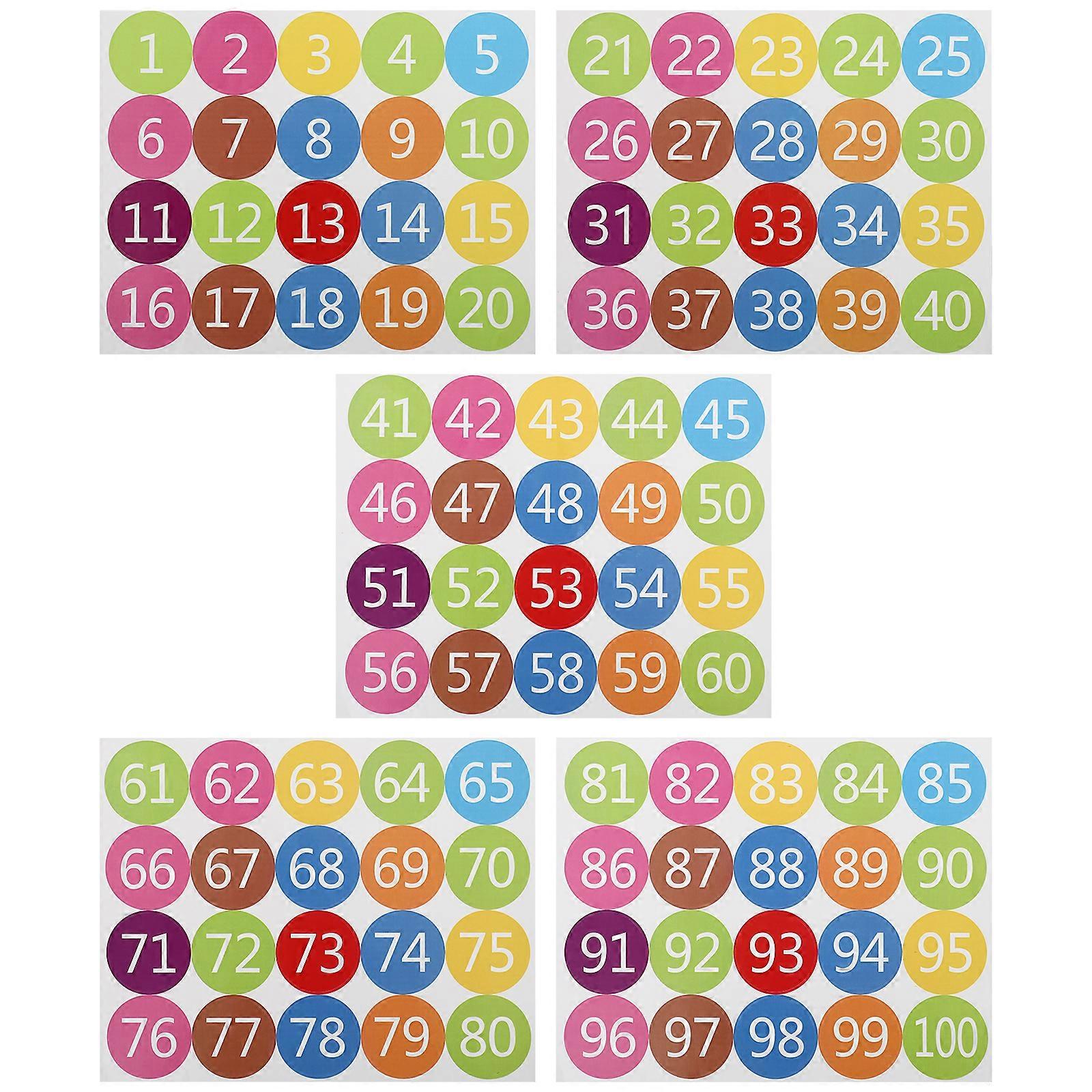 5 Sheets Colorful Round Number Stickers Self-adhesive Waterproof Number Pasters