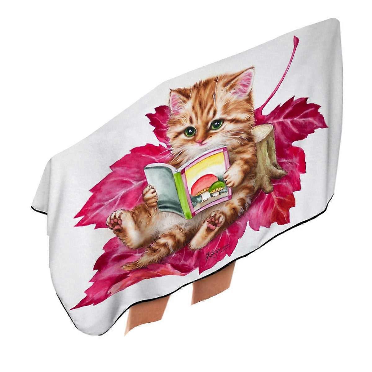 Funny Cat Ginger Kitten Reading a Book on Leaf Microfiber Beach Towel