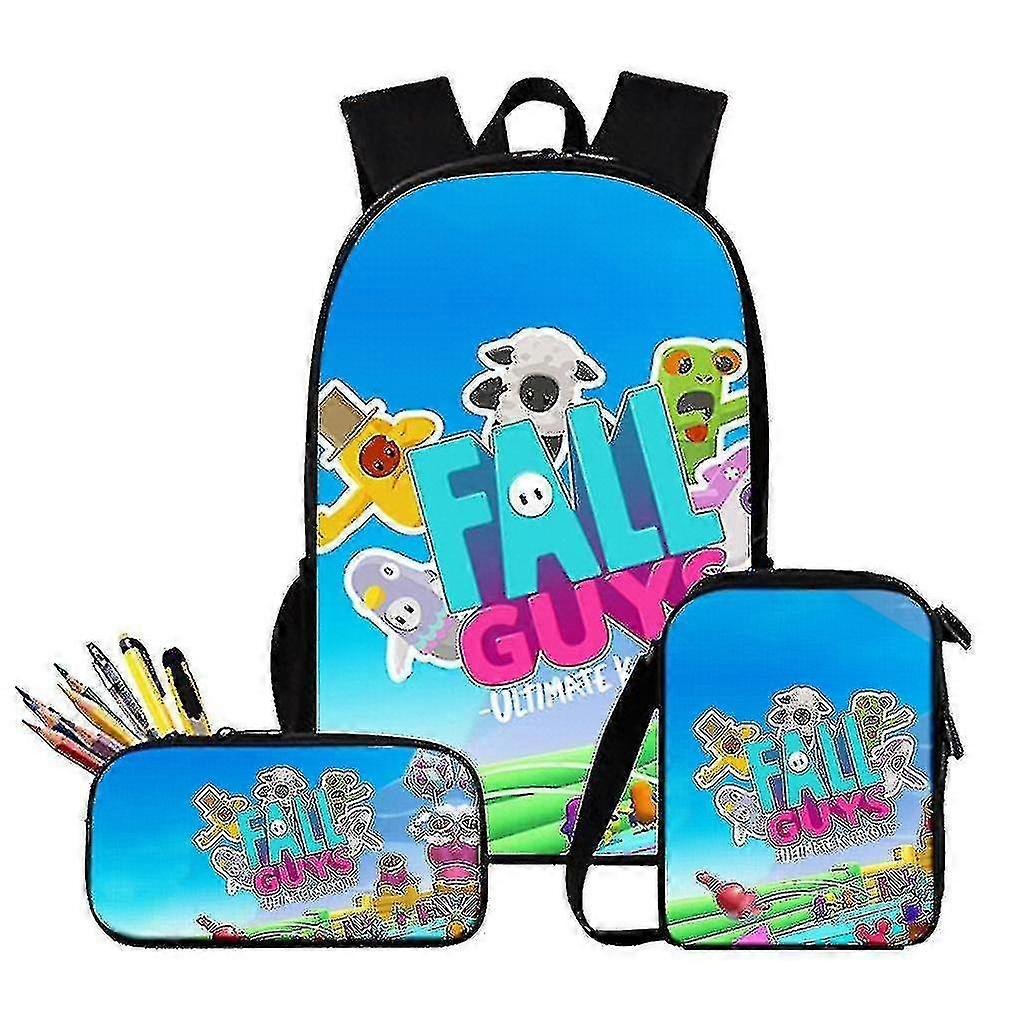 3 pezzi / set Fall Guys Satchel Anime 3d Print Backpack Casual School Bag con Messenger Bag Pencil Bag