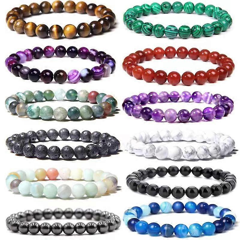 12 Pcs 8mm Gemstone Beaded Bracelets Stone Bead Stretch Round Bead