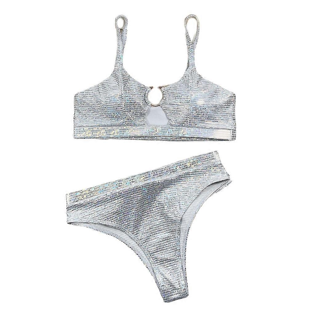 Bayan O-Ring Bikini Seti Glitter İki Parça Mayo Yüksek Bel Mayo
