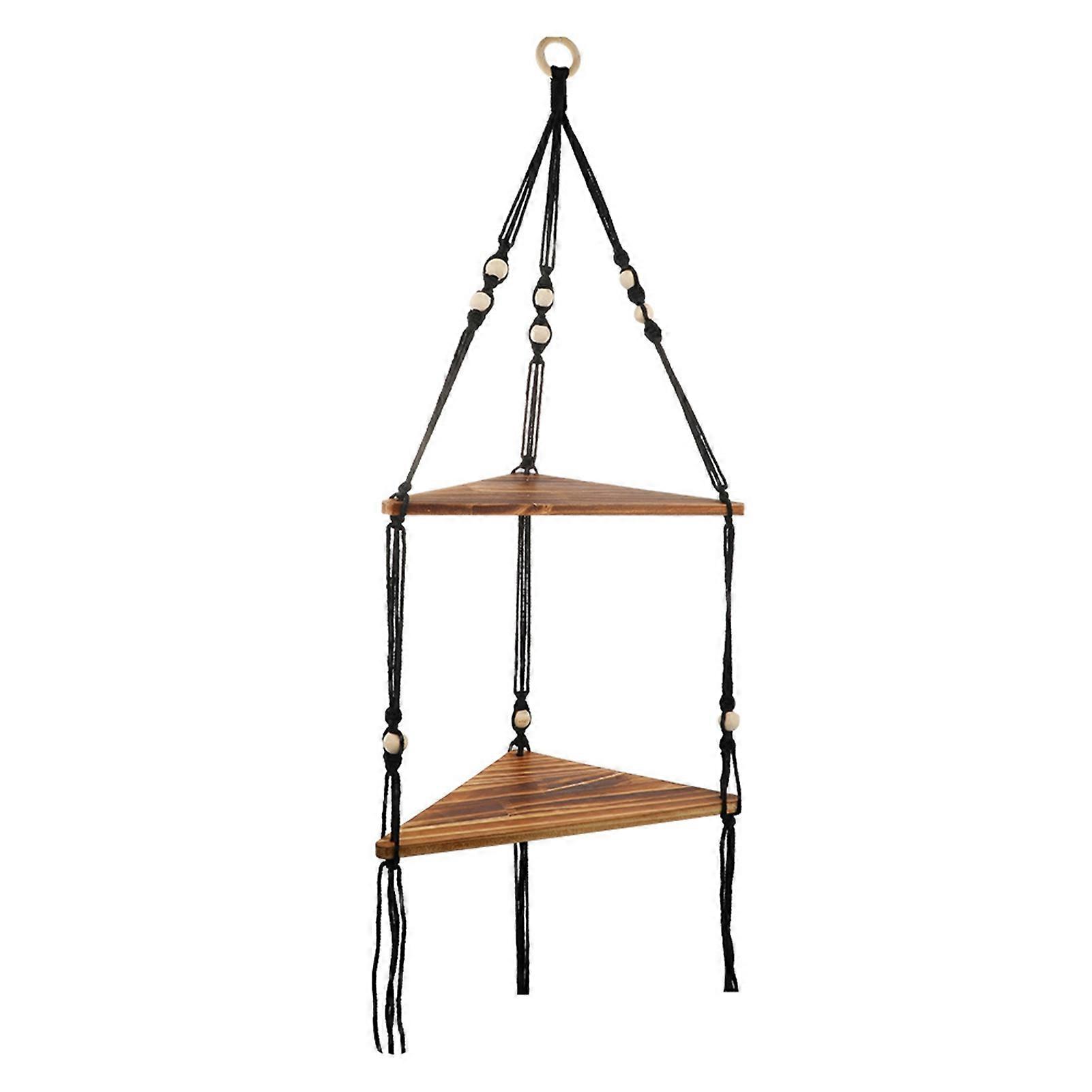 Wall Hanging Corner Shelf Bohemia Handmade Cotton Rope 2 Tier Round Beads Rustic Home Decor Triangle Storage Shelf Wood Plate Craft Display Rack KAESI