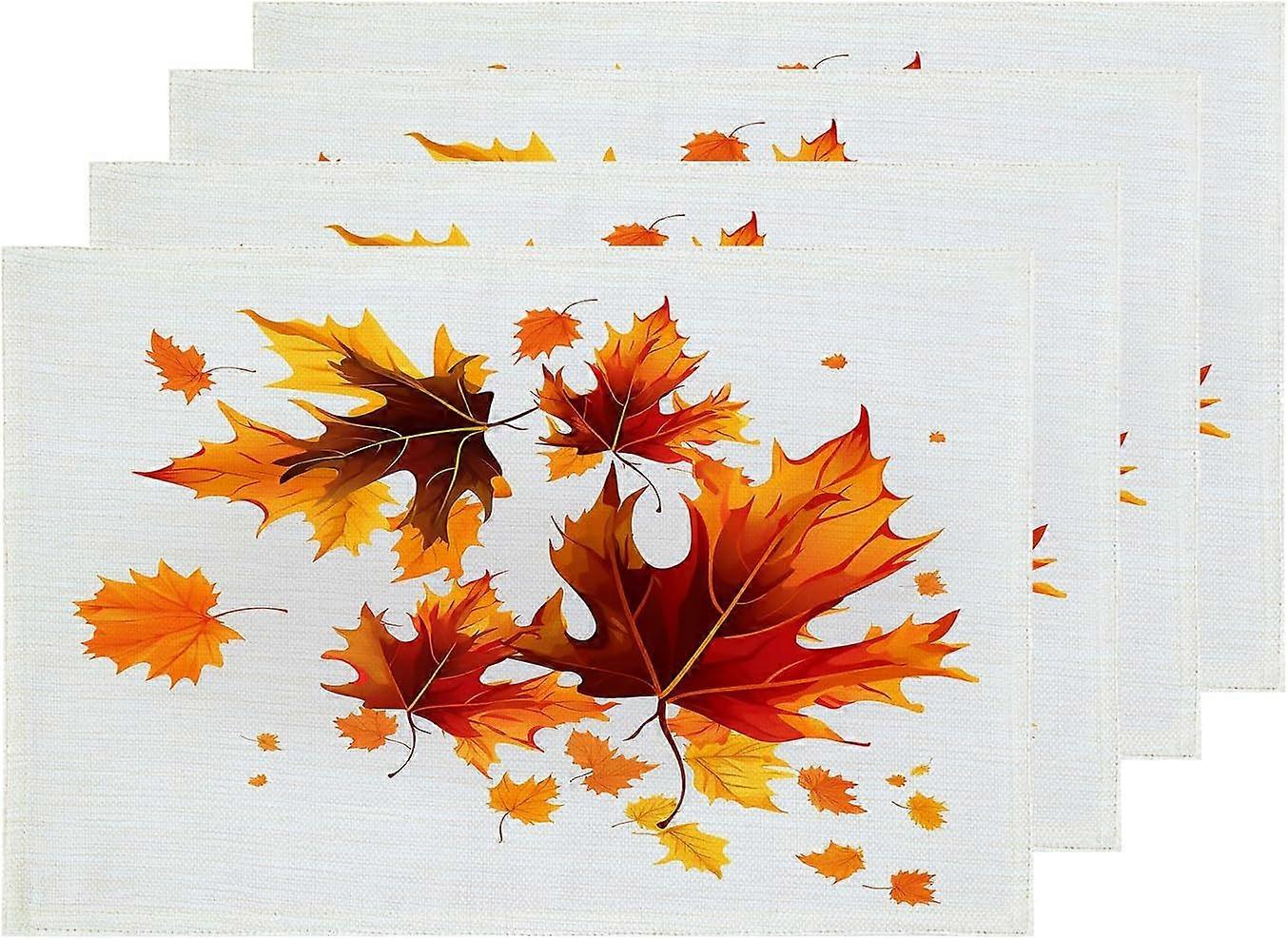 Autumn Maple Leaves Placemats, Orange Fall Red Leaves Table Mat Linen Burlap Washable Double-Deck Heat Insulation for Dining Table Kitchen Table Set o