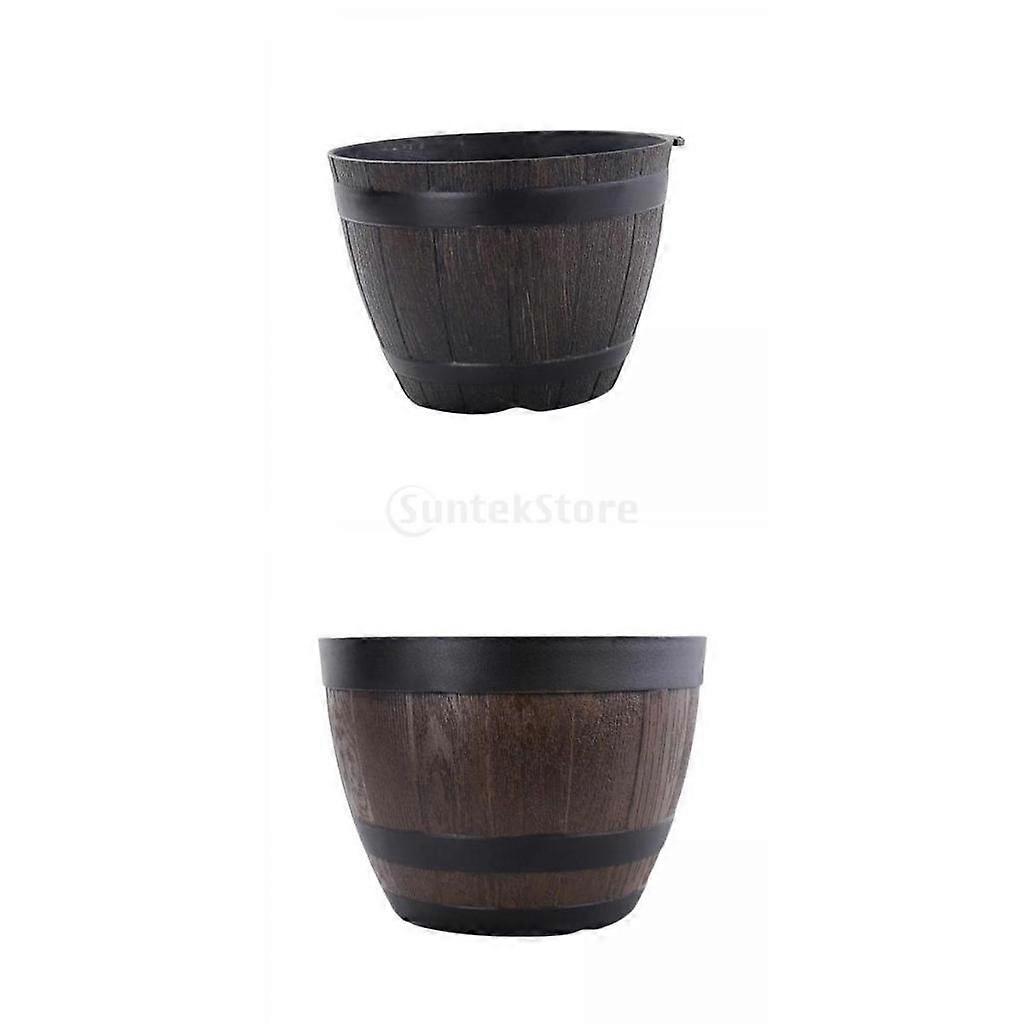 2Pcs Rustic Style Resin  Barrel Flower Pot Indoor Round Planter