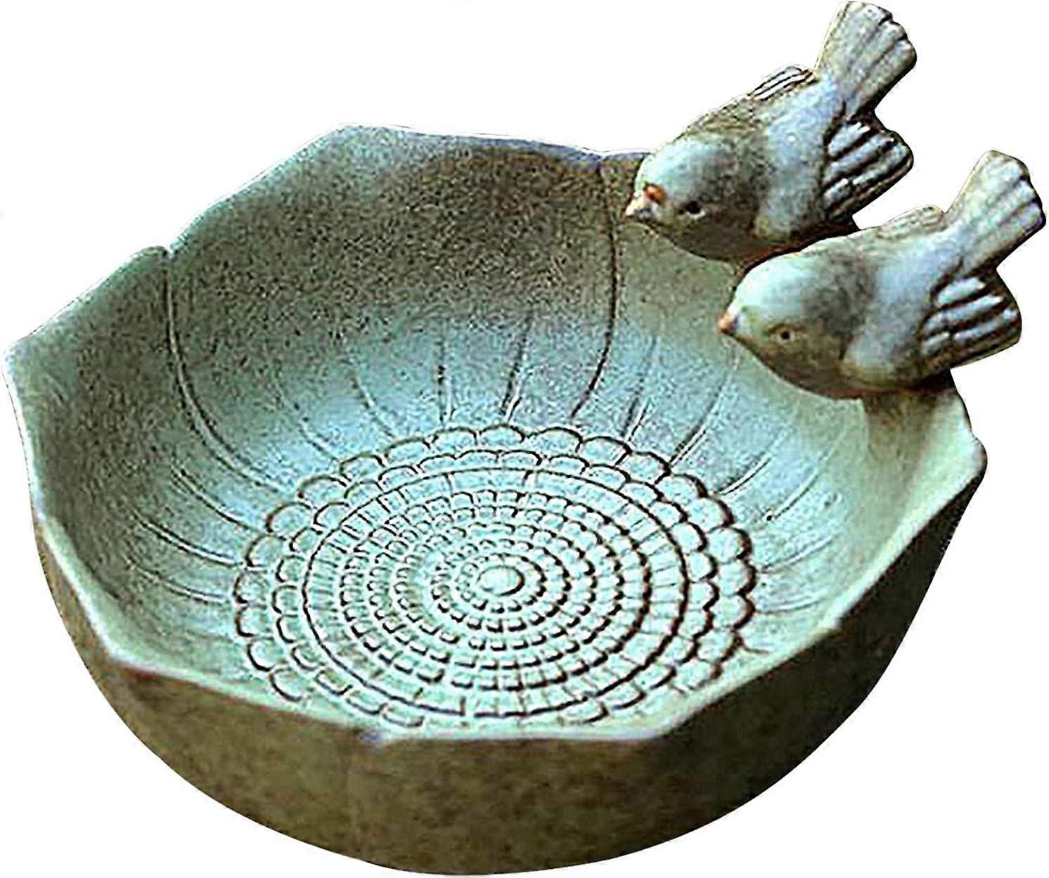 野鳥のための2つの装飾的なセラミック鳥とラウンドバードバス屋外鳥ウォータラー徒歩で