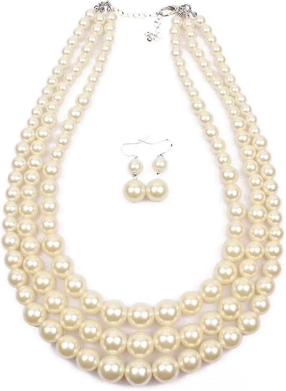 Shineland Elegant Simulated 3-Layered Multi-Strand Pearl Cluster Collar Bib Choker Necklace and Earring Set