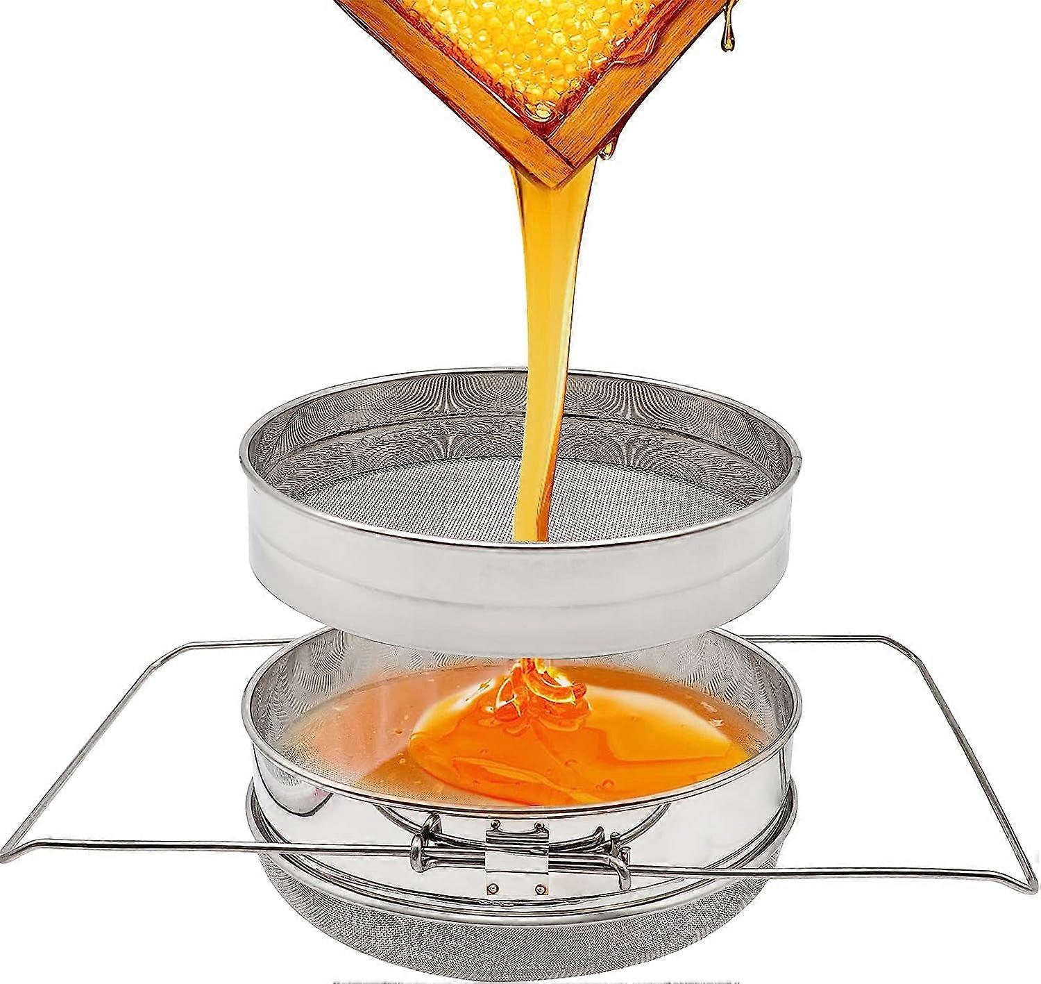 Honey Filter, Stainless Steel Double Honey Strainer Strainer Honey Sieve with Adjustable Handle for Apiary Beekeeping