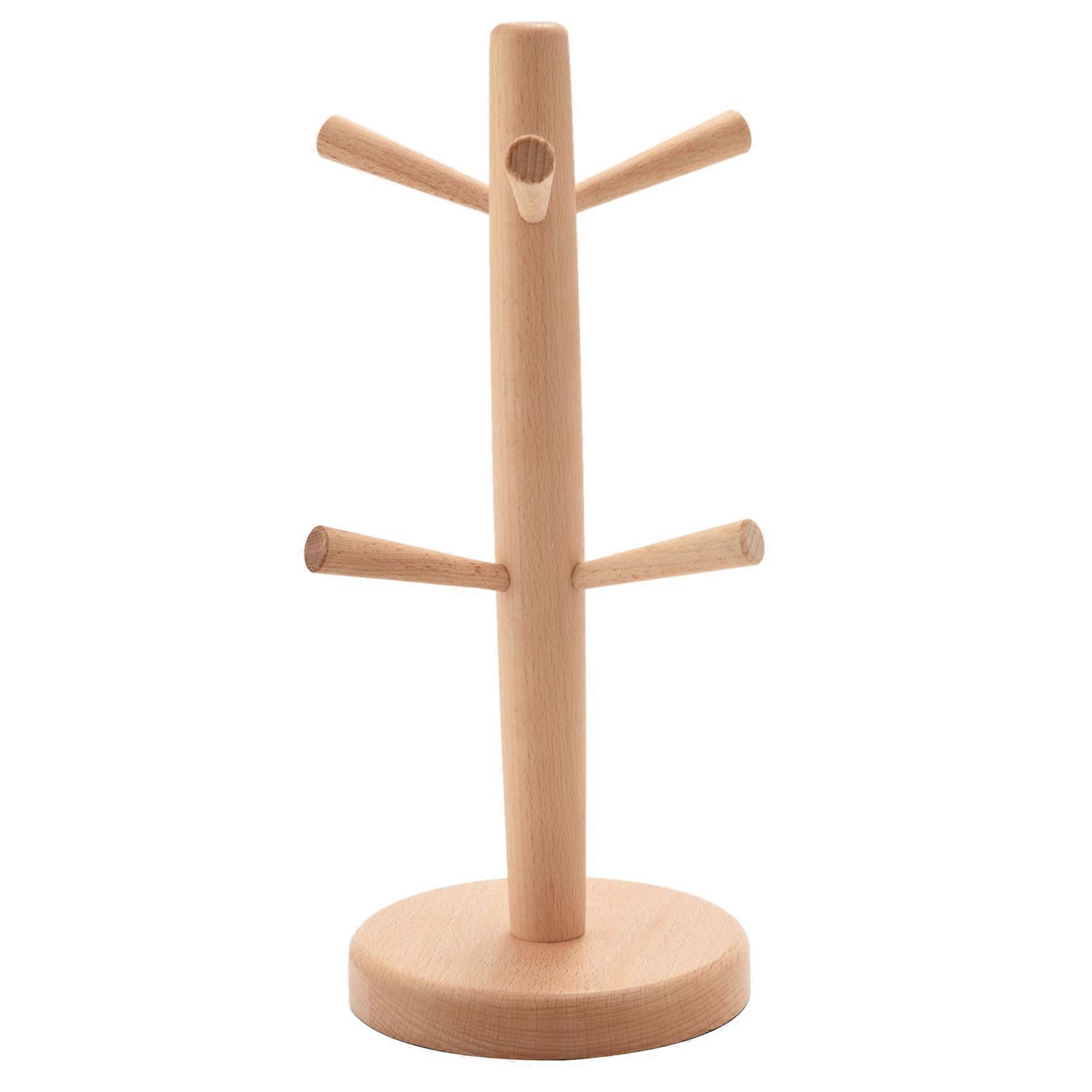 Wooden Mug Tree Holder with 6 Hooks, Mug Rack Display Stand Cups Organizer Dryer, Tea Coffee Cup Mu