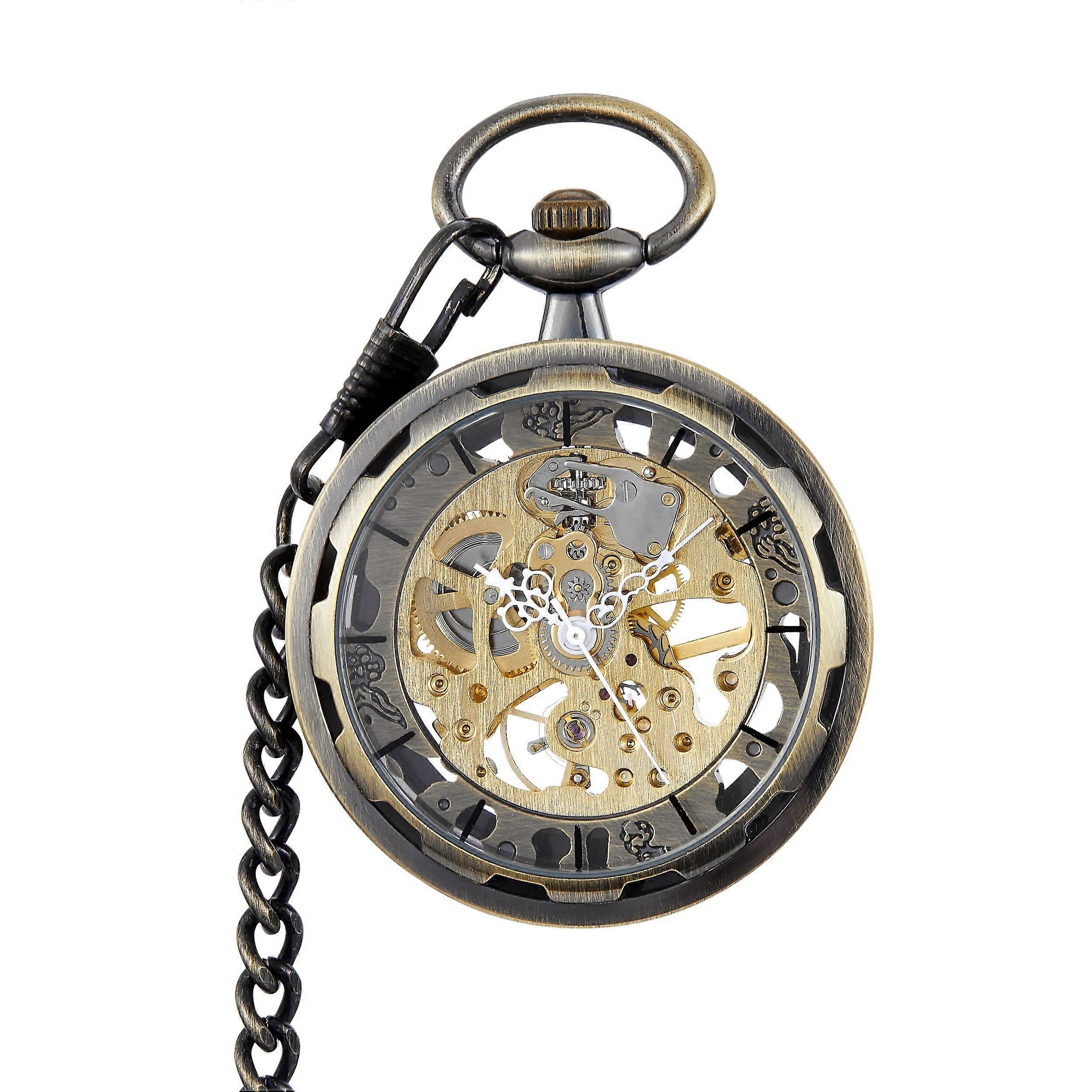 Retro Steampunk Skeleton Mechanical Fob Pocket Watch Clock Necklace Pendant Hand-Winding Men Women Chain Gift