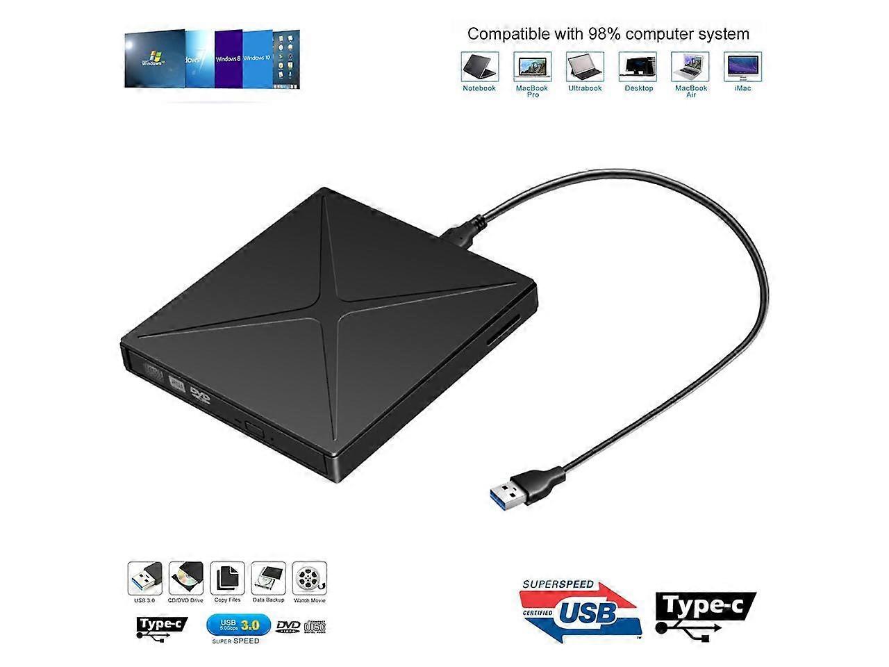 External CD DVD Drive Ultra-Slim Portable External DVD Recorder Player Reader 2 in 1 USB 3.0 and Type-C CD Writer for Laptop MacBook Air Pro Desktop P