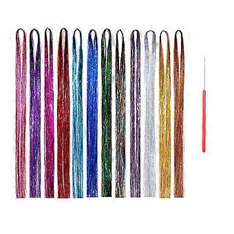 47 Zoll Haarverlängerung Lametta Kit mit Werkzeug 12 gemischte Farben 2400 Strähnen Haarverlängerung Lametta Kit Glitzer Haarverlängerungen für Frauen Mädchen Haarzubehör