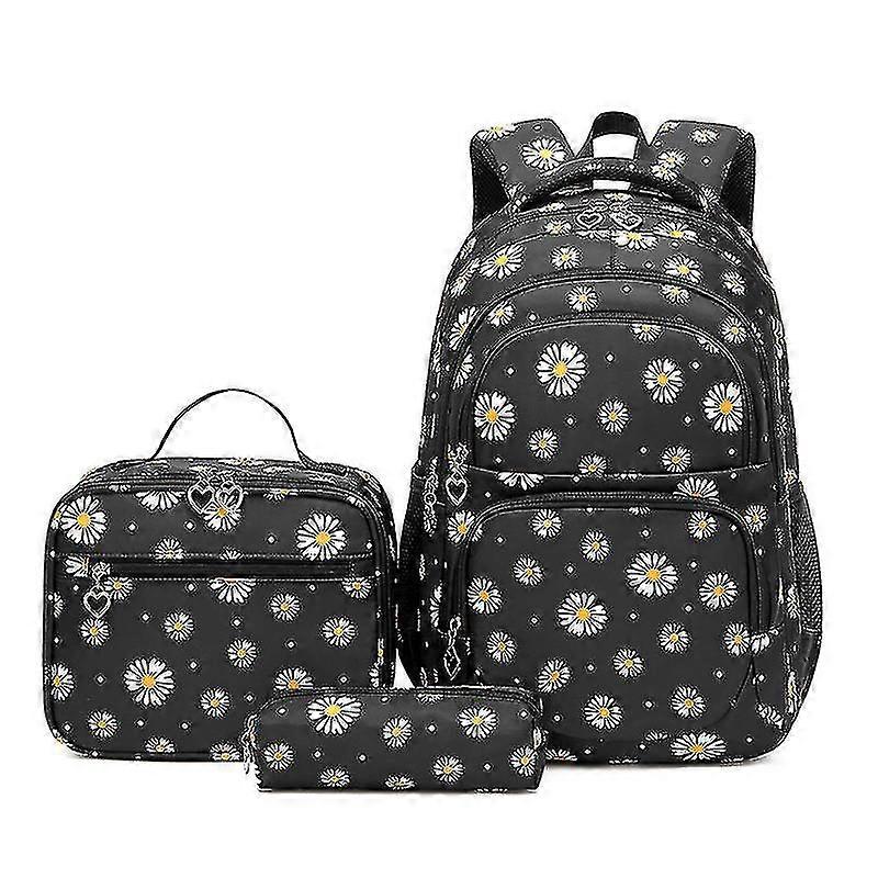 Three Piece Backpack Set With Daisy Print Includes Backpack +  Lunch Bag + Pencil Case #black