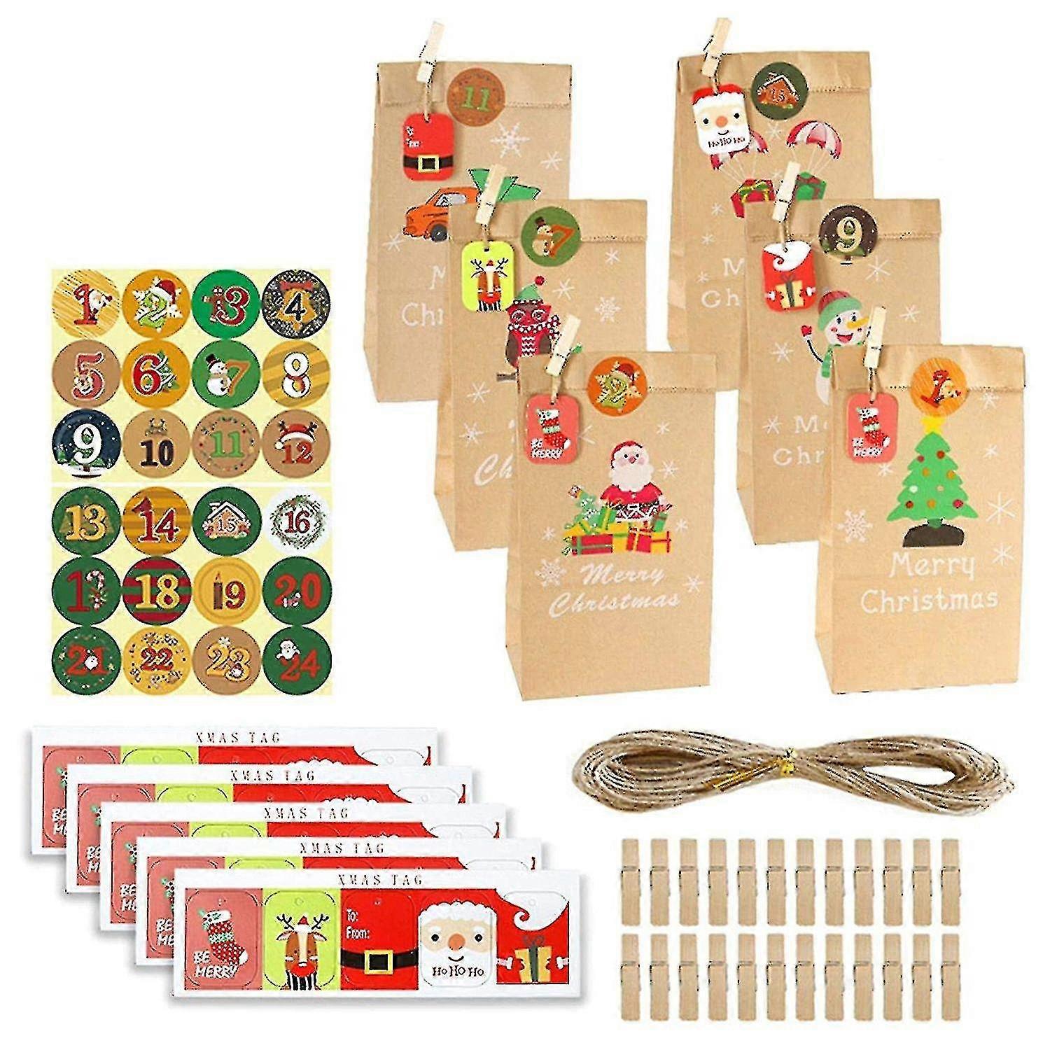 24 Set de Crăciun Advent Calendar Pungi 24 zile Calendar Kraft Pungi Xmas Party Pungi pentru Crăciun decembrie