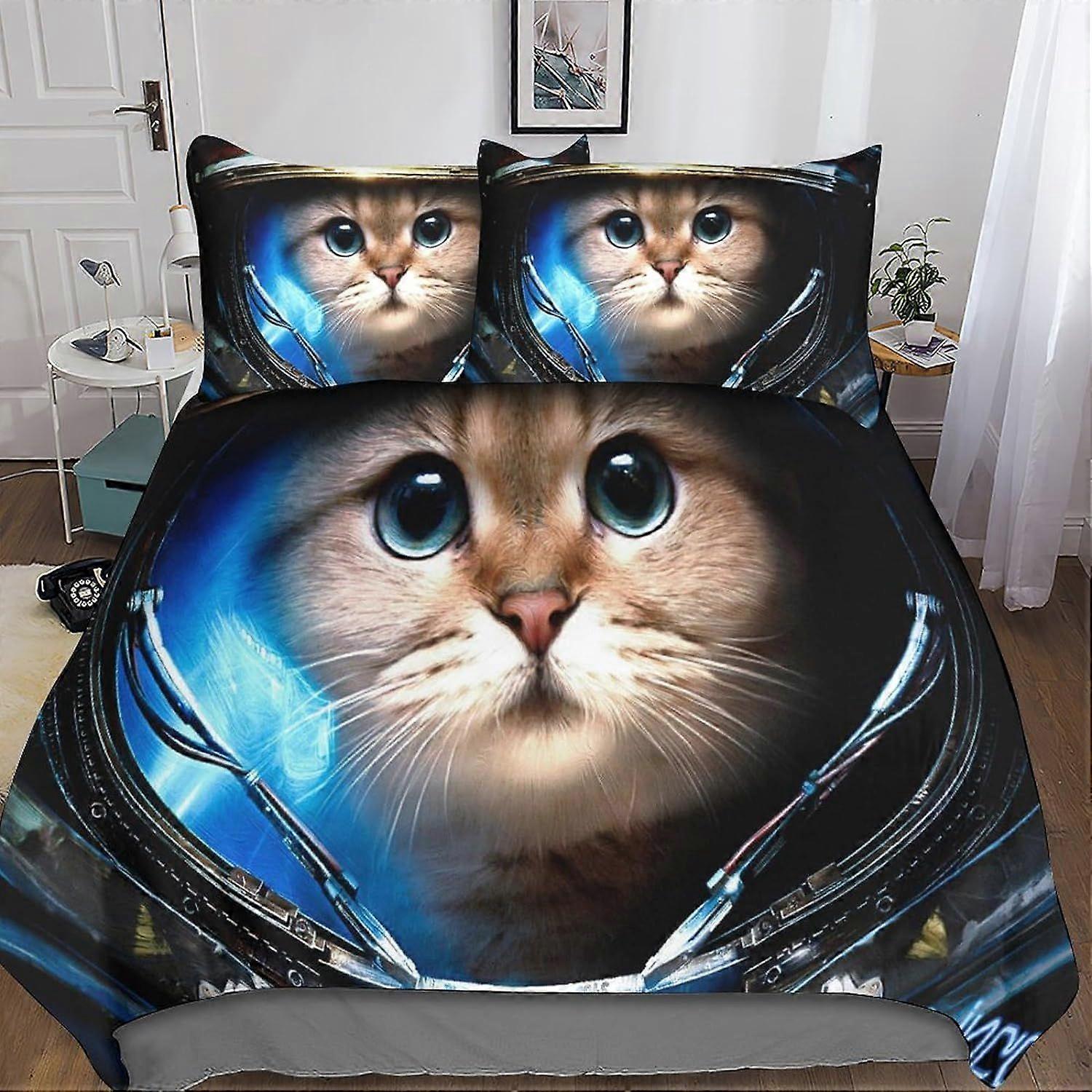 Cat Astronaut 3 Piece Bedding Set with 3D Duvet Cover - Microfiber Bedding Set with Zipper Closure