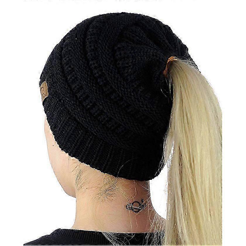 1pcs Soft Stretch Cable Knit Messy High Bun Ponytail Beanie Hat