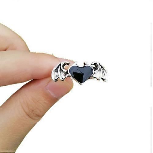 רטרו מלאך כנפי שד טבעות לב שחור אופנה גותי אבן ירח טבעת אצבע פתוחה לנשים גברים תכשיטים אסתטיים רומנטיים מתנות