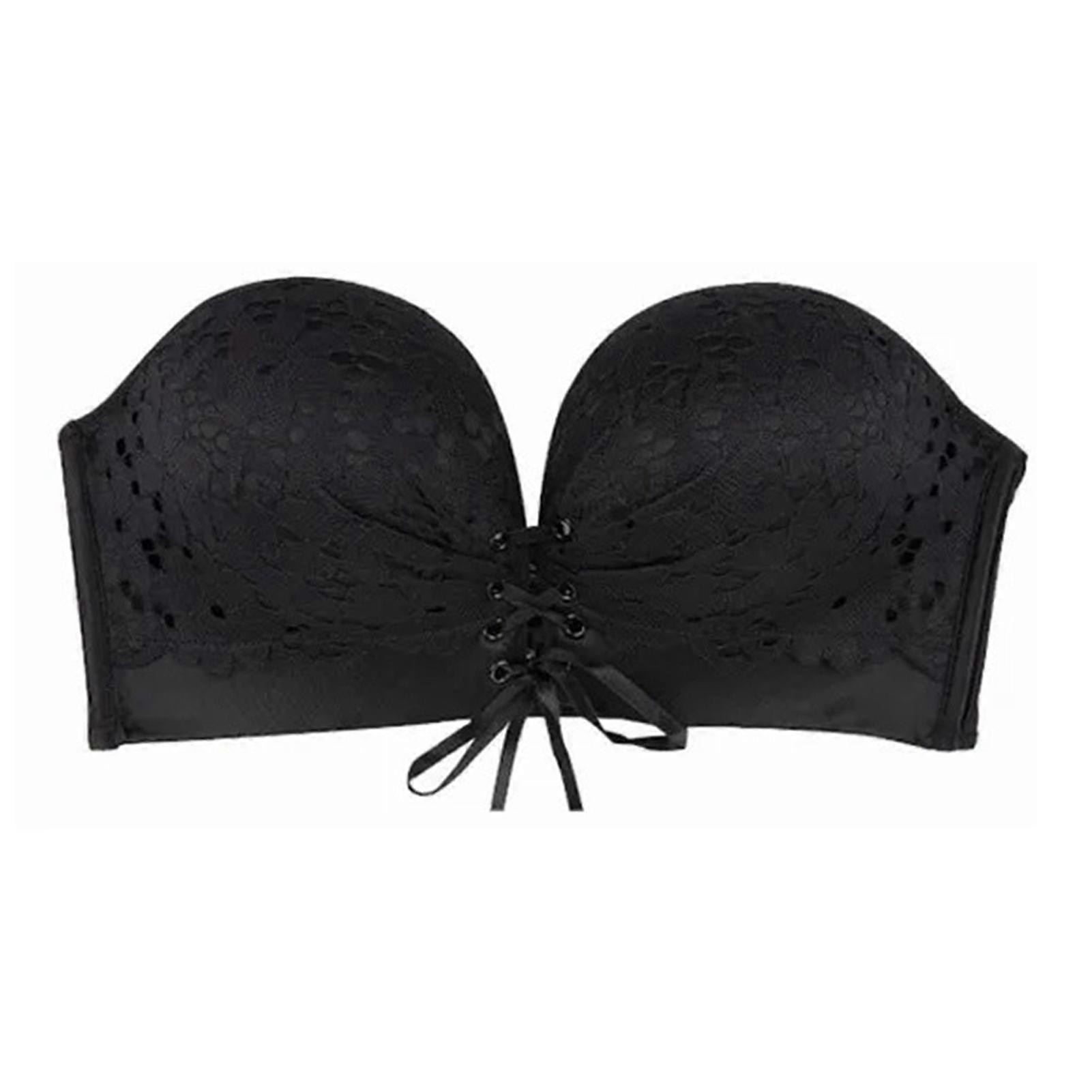 Strapless Bra Slip Resistance Drawstring Design Lace Wireless Invisible Push Up Bra with Removable Shoulder Strap Black