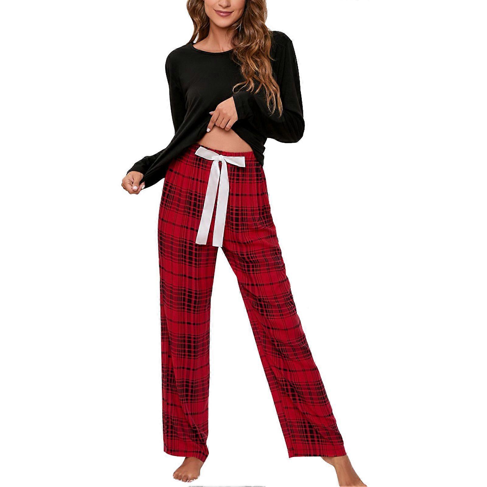 Conjunto de pijama de manga comprida feminino com fecho de cordão Calças xadrez Pulôver Top respirável Conjunto de loungewear de 2 peças
